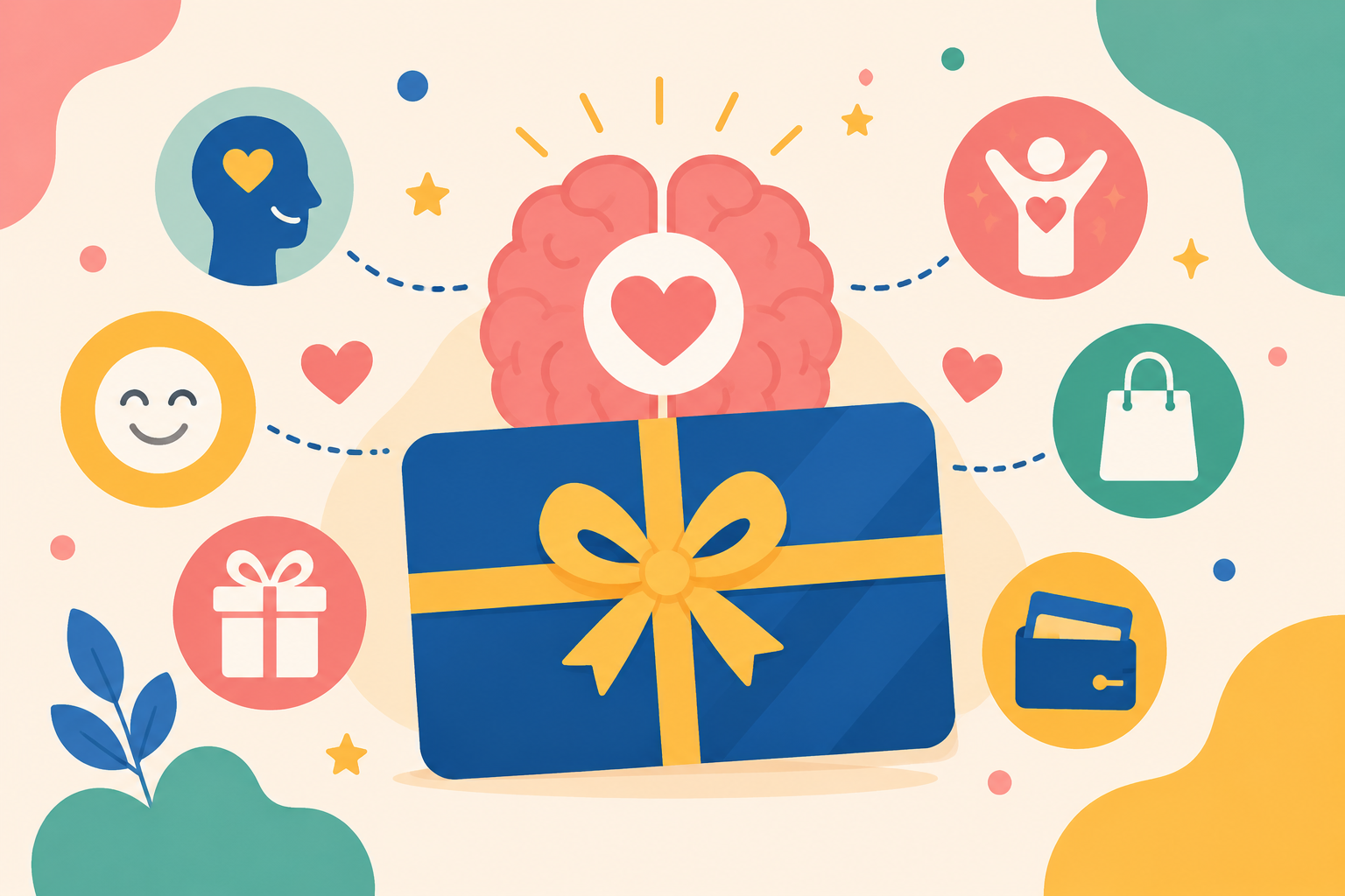 Blue gift card with yellow bow surrounded by icons representing joy, love, shopping, and positive emotions.