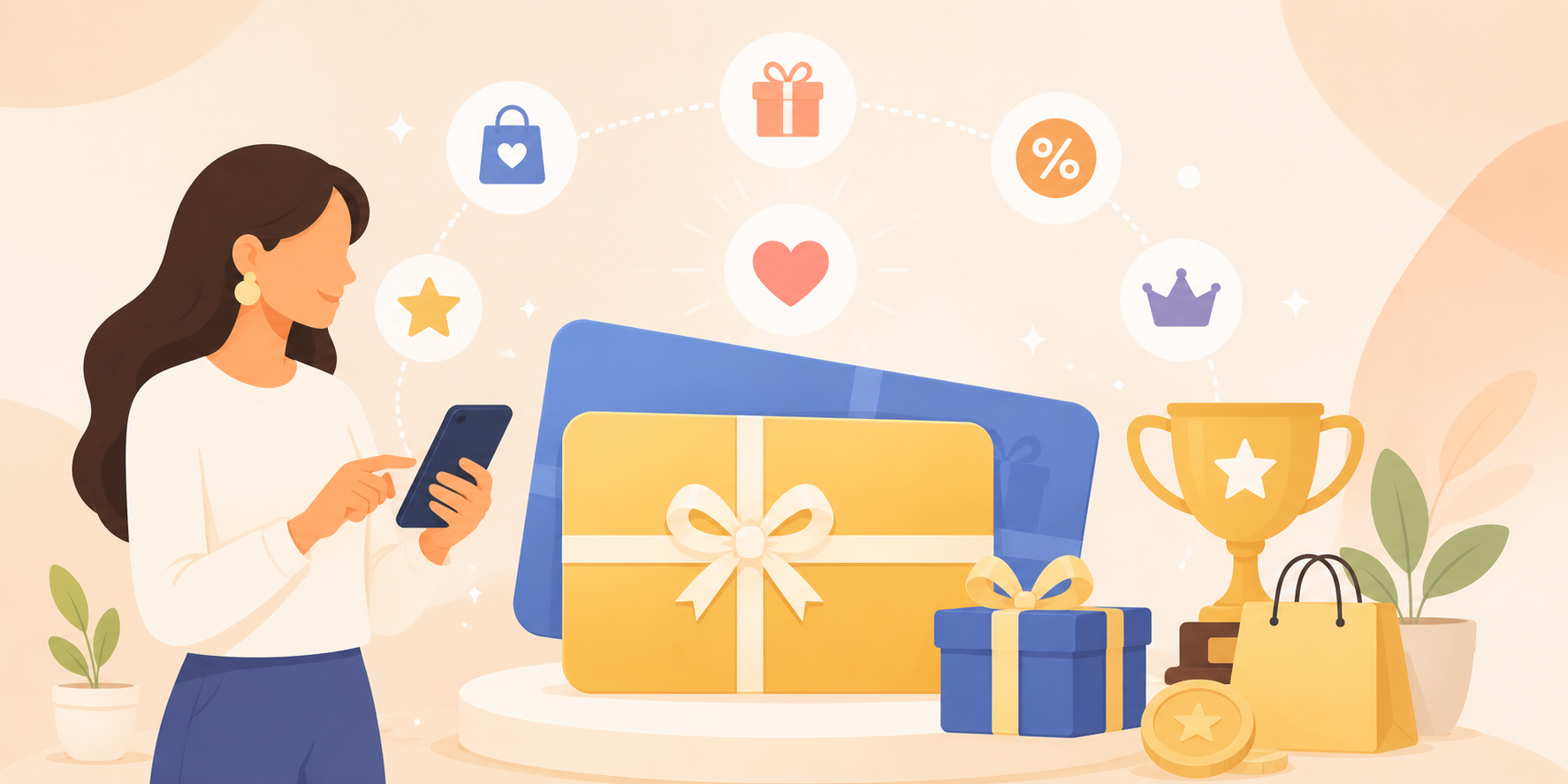Digital gift cards flowing into a loyalty rewards ecosystem with customer icons, growth chart, and trust shield.