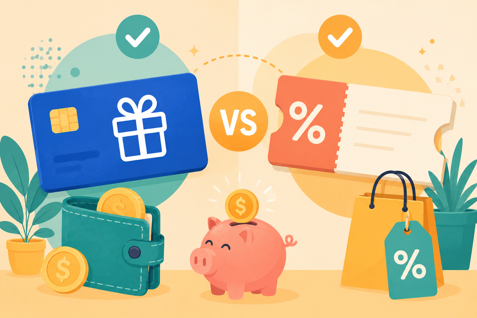 Flat illustration comparing gift cards and promo codes for smarter digital shopping